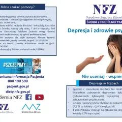 Obraz przedstawia informacje o wsparciu dla osób z zaburzeniami psychicznymi, w tym numery telefonów zaufania i statystyki dotyczące depresji.