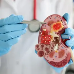 Lekarz w niebieskich rękawiczkach pokazuje model nerki, omawiając zagadnienia z zakresu rirs urologia.