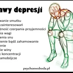 Postać skulona, symbolizująca objawy depresji, takie jak smutek, utrata zainteresowań i poczucie winy, które mogą być wynikiem traum.