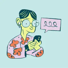 Osoba w okularach i kwiecistej bluzie przegląda telefon, ignorując obowiązki. Typowe prokrastynacja przyczyny.