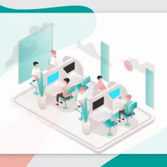 Pracownicy w biurze, każdy przy swoim stanowisku z komputerem. Może to być scena analizowana przez psychologa biznesu.