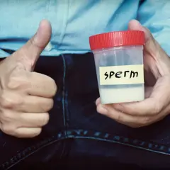 Mężczyzna trzyma pojemnik z próbką do badania nasienia, pokazując kciuk w górę.