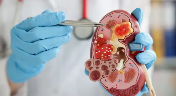 Lekarz w niebieskich rękawiczkach pokazuje model nerki, omawiając zagadnienia z zakresu rirs urologia.