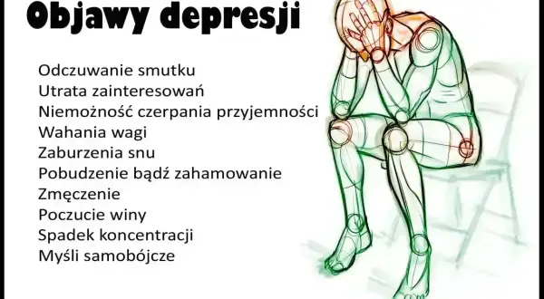 Postać skulona, symbolizująca objawy depresji, takie jak smutek, utrata zainteresowań i poczucie winy, które mogą być wynikiem traum.