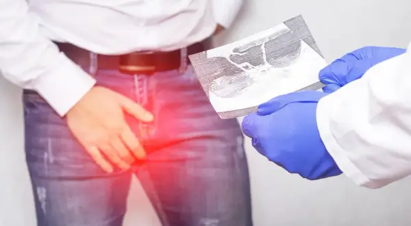 Lekarz w niebieskich rękawiczkach pokazuje pacjentowi zdjęcie USG, sugerujące nieleczony wodniak jądra. Czerwone podświetlenie wskazuje na ból.
