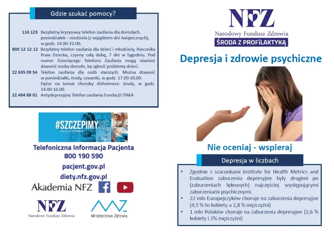 Obraz przedstawia informacje o wsparciu dla osób z zaburzeniami psychicznymi, w tym numery telefonów zaufania i statystyki dotyczące depresji.