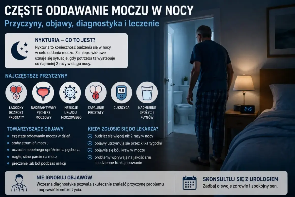 Mężczyzna w piżamie idzie do łazienki w nocy, co może sugerować problem z oddawaniem moczu. Grafika przedstawia przyczyny i objawy nykturii.