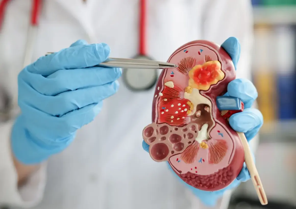 Lekarz w niebieskich rękawiczkach pokazuje model nerki, omawiając zagadnienia z zakresu rirs urologia.