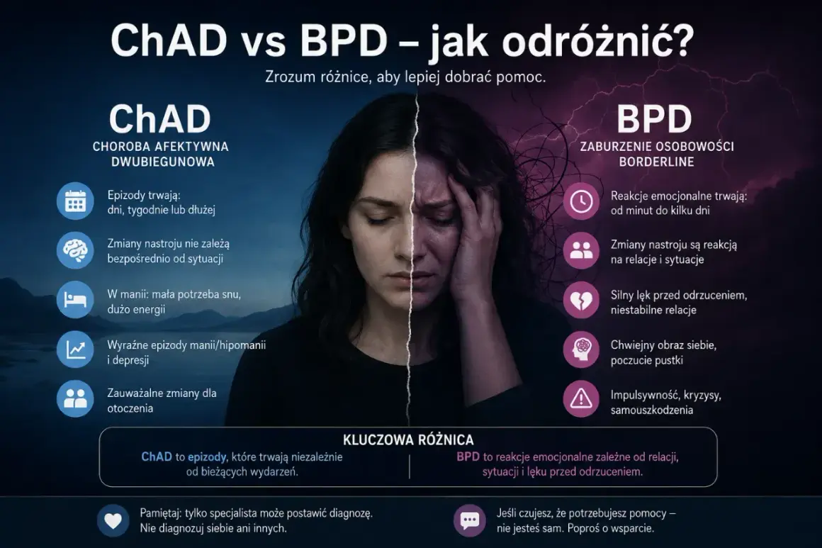 ChAD vs BPD: zrozum różnice, by lepiej dobrać pomoc. ChAD to epizody niezależne od wydarzeń, BPD to reakcje emocjonalne zależne od relacji i sytuacji.