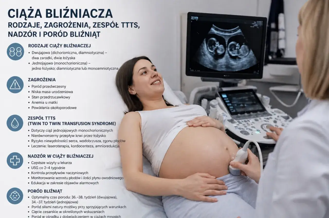Szczęśliwa przyszła mama na badaniu USG, które pokazuje ciążę bliźniaczą. Lekarz wykonuje badanie.