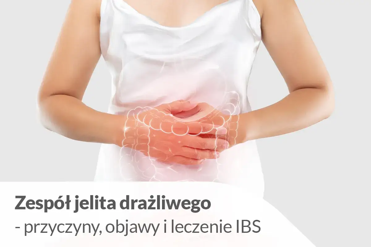 Kobieta trzyma się za brzuch, gdzie widoczny jest zarys jelit. Obraz symbolizuje nerwicę jelit, znana jako zespół jelita drażliwego (IBS).
