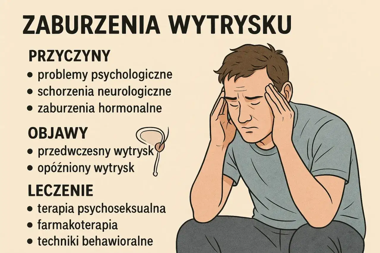 Ilustracja przedstawia mężczyznę z dłońmi na skroniach, symbolizującego problemy z wytryskiem nasienia. Wymienione są przyczyny, objawy i leczenie.