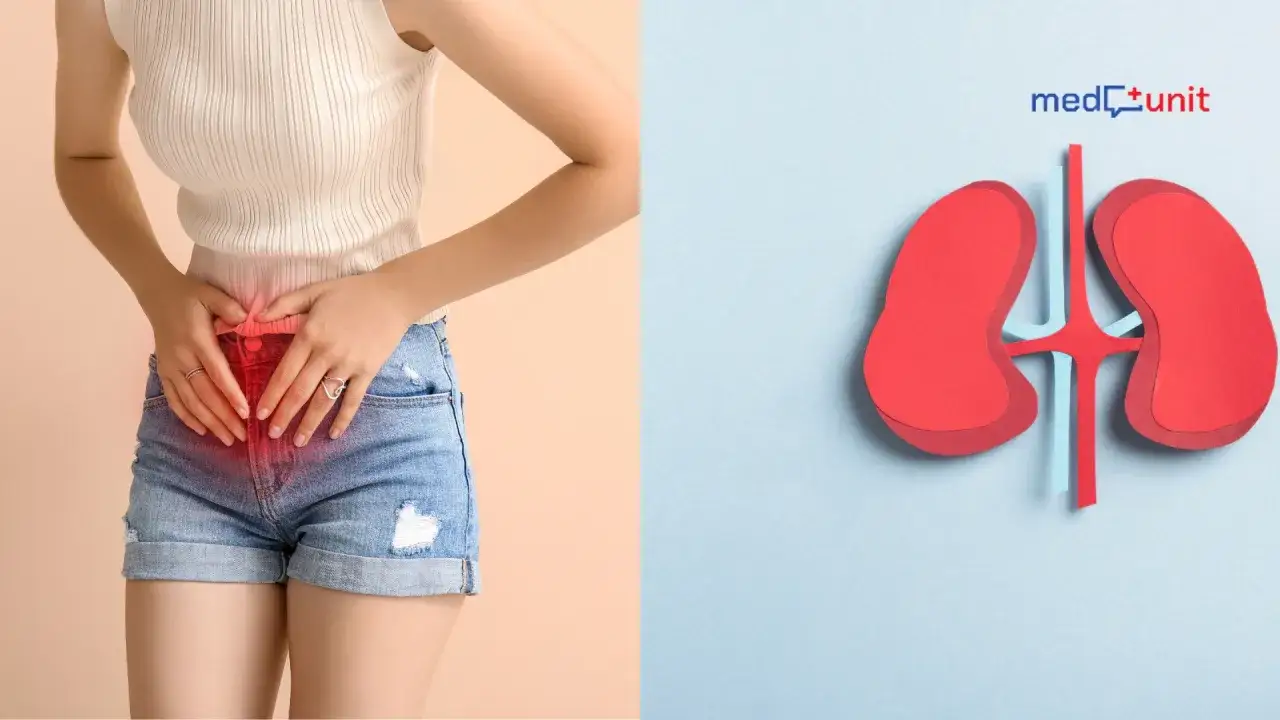 Kobieta z bólem w podbrzuszu, symbolizującym zapalenie pęcherza. Obok grafika nerek, sugerująca pomoc Ibupromu.