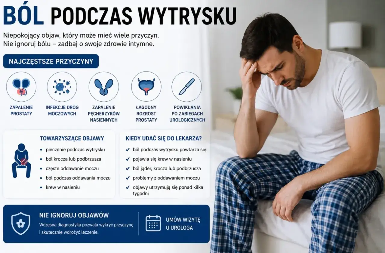Mężczyzna zmartwiony bólem podczas wytrysku. Infografika wymienia przyczyny: zapalenie prostaty, infekcje, problemy z pęcherzykami nasiennymi, przerost prostaty, powikłania po zabiegach.