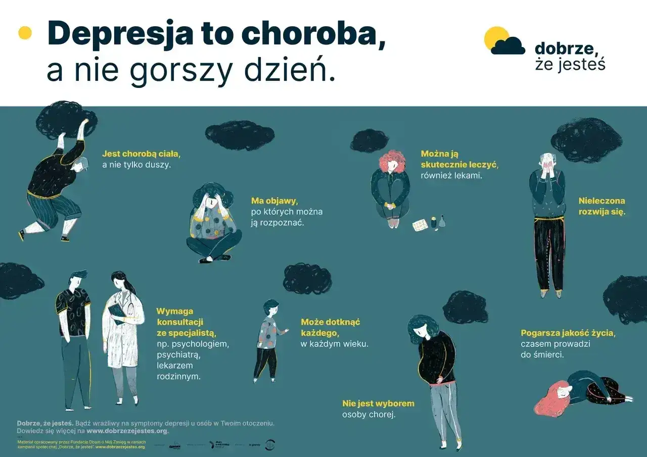 Depresja to choroba, nie gorszy dzień. Ilustracja pokazuje osoby zmagające się z nią, podkreślając, że można ją leczyć.