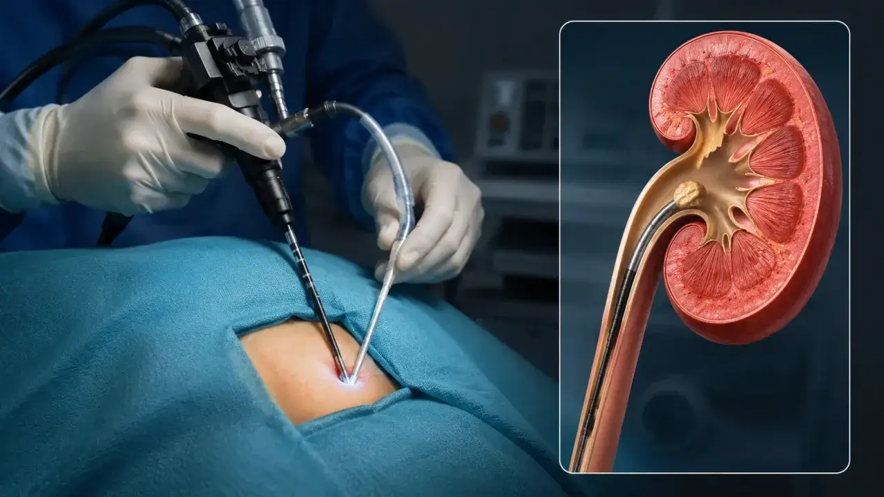 Chirurg wykonuje zabieg RIRS urologia, usuwając kamień z nerki za pomocą endoskopu.