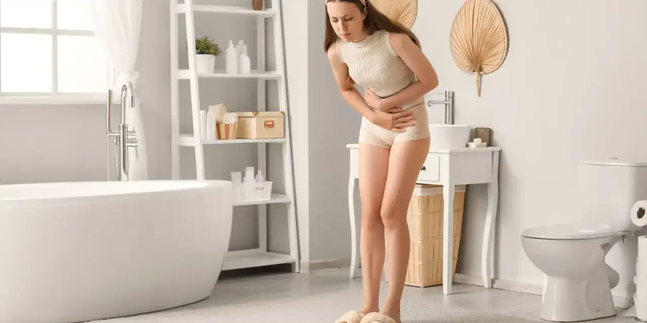 Kobieta z bólem brzucha w łazience, szuka ulgi na zapalenie pęcherza. Może Ibuprom pomoże?